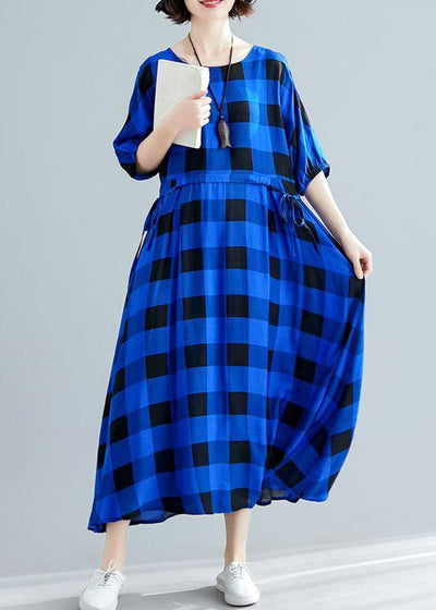 Italian tie waist cotton clothes Women Outfits blue plaid Maxi Dresses summer - SooLinen