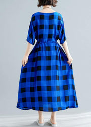 Italian tie waist cotton clothes Women Outfits blue plaid Maxi Dresses summer - SooLinen