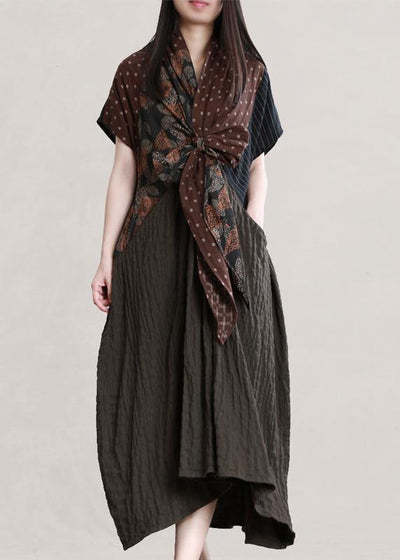 Italian v neck Batwing Sleeve linen dresses Photography chocolate print Dress - SooLinen