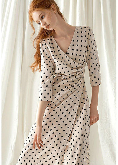 Italian v neck chiffon dresses Fabrics nude dotted Maxi Dresses fall - SooLinen