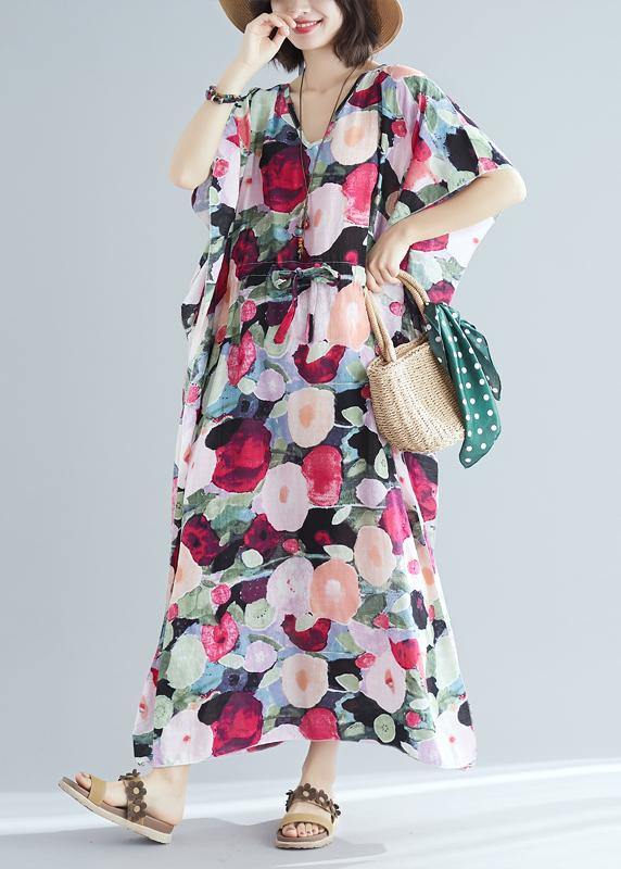 Italian v neck drawstring clothes For Women short Sleeve floral robes Dress summer - SooLinen