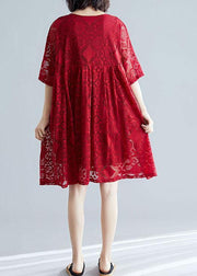 Italian v neck hollow out dresses pattern red Dress - SooLinen
