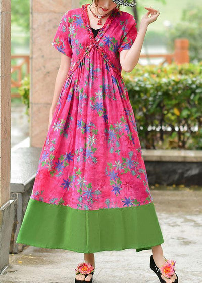 Italian v neck patchwork cotton Wardrobes rose print cotton robes Dress summer - SooLinen