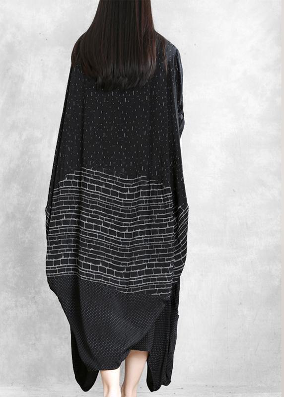 Italian v neck patchwork summer dresses Work black print Dress - SooLinen