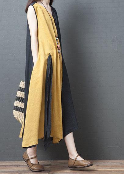 Italian v neck pockets cotton box top Christmas Gifts yellow summer dress - SooLinen