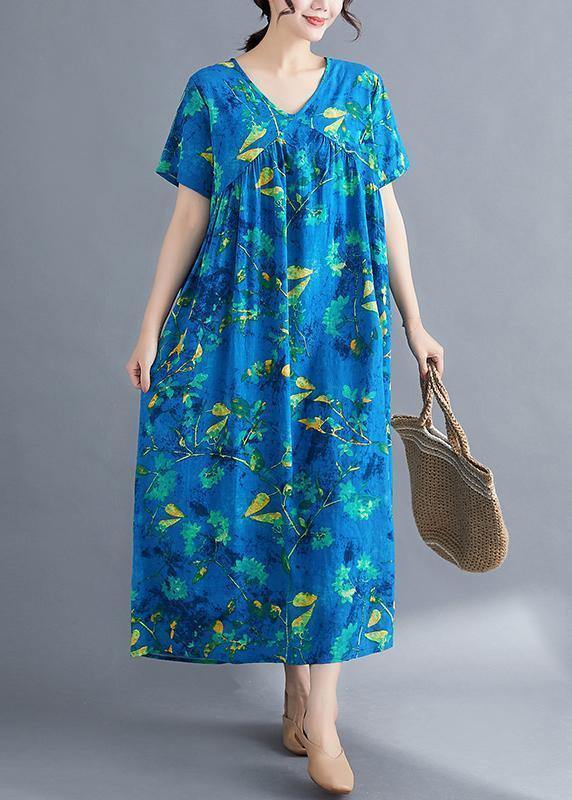Italian v neck Cinched linen Wardrobes pattern blue print Dresses summer - SooLinen
