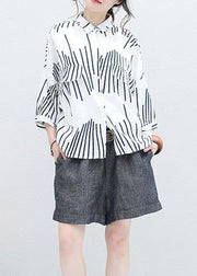 Italian white asymmetric striped cotton Long Shirts half sleeve Art summer shirt - SooLinen