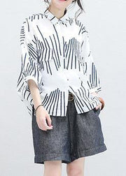 Italian white asymmetric striped cotton Long Shirts half sleeve Art summer shirt - SooLinen