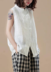 Italian white cotton Shirts Vintage Shape Peter pan Collar Sleeveless short Summer top - SooLinen