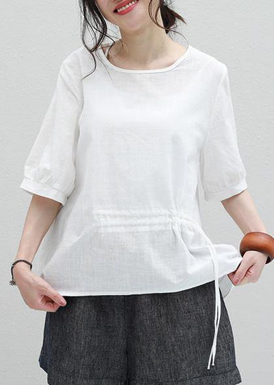 Italian white cotton shirts Tunic Tops o neck drawstring shirt - SooLinen