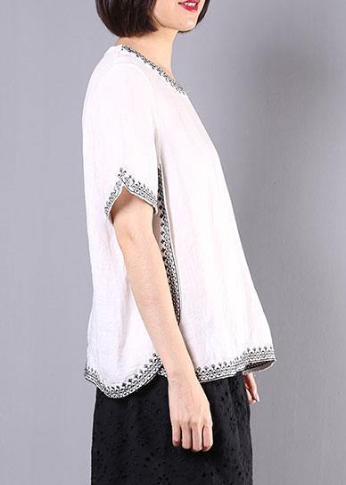 Italian white linen tops women design embroidery summer blouses - SooLinen