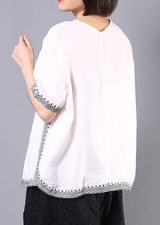 Italian white linen tops women design embroidery summer blouses - SooLinen