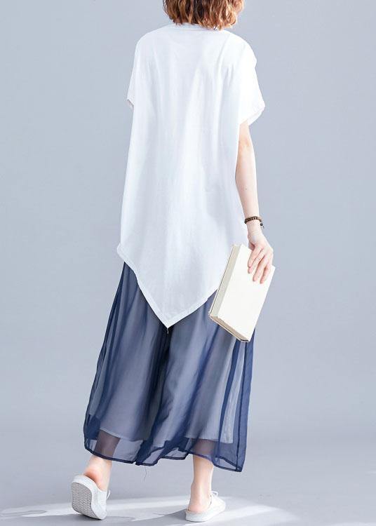 Italian white o neck cotton clothes For Women asymmetric hem daily summer blouses - SooLinen