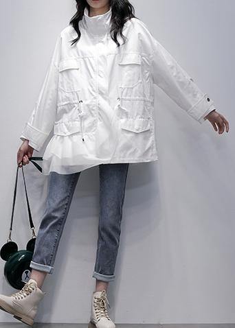 Italian white patchwork tulle Plus Size tunic coat Photography stand collar coat - SooLinen
