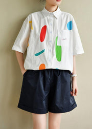 Italian white print clothes For Women lapel half sleeve Dresses summer blouse - SooLinen