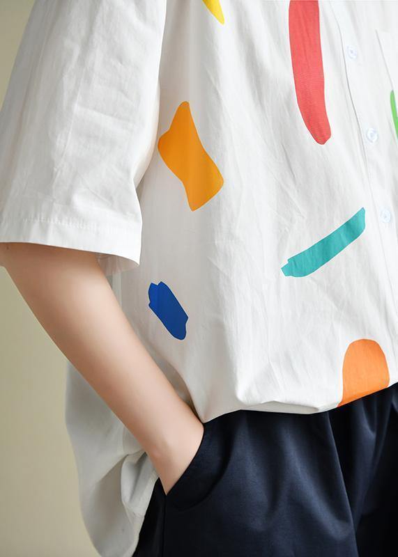 Italian white print clothes For Women lapel half sleeve Dresses summer blouse - SooLinen