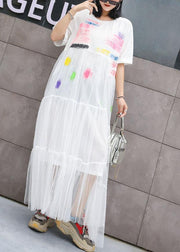 Italian white prints cotton dresses patchwork lace summer Dresses - SooLinen