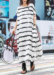 Italian white striped linen Robes o neck pockets Art Dress - SooLinen