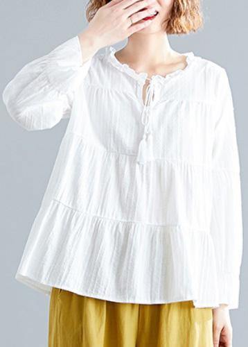 Italian white v neck cotton linen tops women blouses patchwork daily fall blouse - SooLinen