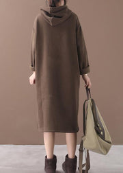 Italian winter cotton hooded tunics for women linen chocolate long Dress - SooLinen