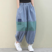 Italian women pants denim blue pattern elastic waist patchwork green trousers - SooLinen