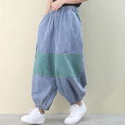Italian women pants denim blue pattern elastic waist patchwork green trousers - SooLinen