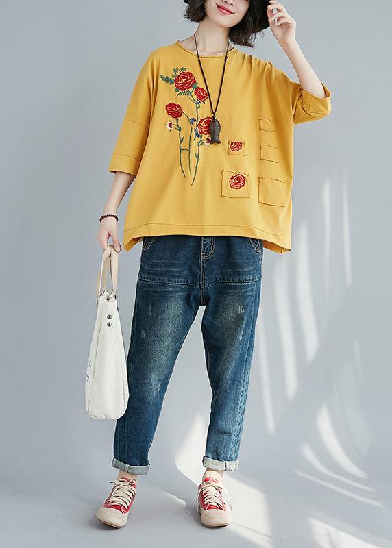 Italian yellow cotton clothes For Women boutique Outfits o neck patchwork tunic Summer - SooLinen