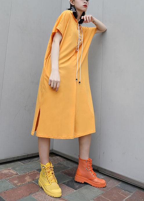 Italian yellow hooded cotton dresses side open long summer Dress - SooLinen