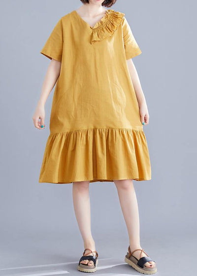 Italian yellow linen dresses v neck Ruffles Art summer Dress - SooLinen