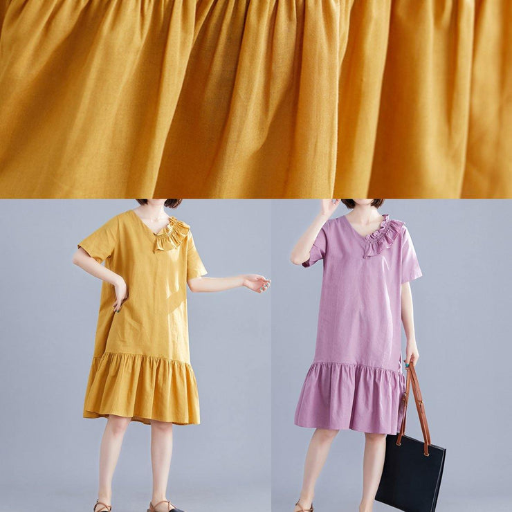 Italian yellow linen dresses v neck Ruffles Art summer Dress - SooLinen