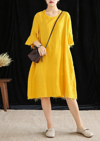 Italian yellow linen quilting clothes o neck Petal Sleeve daily Dresses - SooLinen