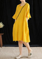 Italian yellow linen quilting clothes o neck Petal Sleeve daily Dresses - SooLinen