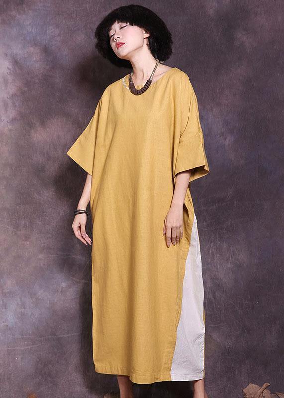 Italian yellow patchwork cotton Tunics Batwing Sleeve A Line summer Dress - SooLinen