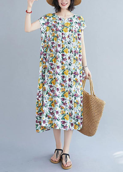 Italian yellow print pattern o neck pockets long summer Dresses - SooLinen