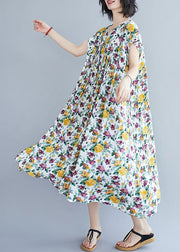 Italian yellow print pattern o neck pockets long summer Dresses - SooLinen