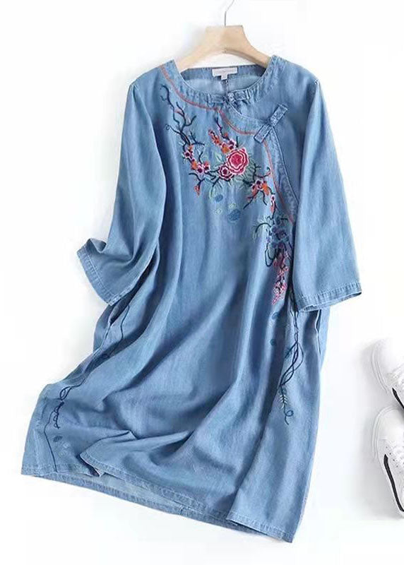 Italian Blue Embroidered Oriental Denim Dresses Summer Cotton Dress