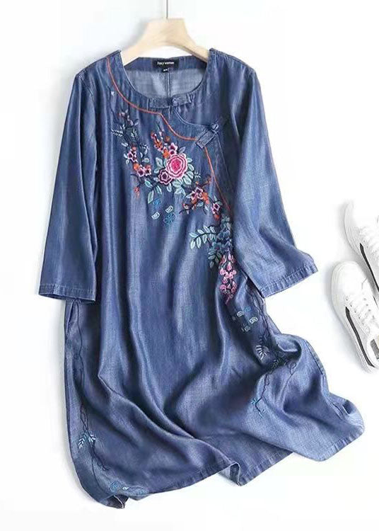 Italian Blue Embroidered Oriental Denim Dresses Summer Cotton Dress