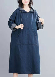 Italian Hooded Pockets Spring Clothes Women Denim Blue Traveling Dresses
