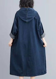 Italian Hooded Pockets Spring Clothes Women Denim Blue Traveling Dresses