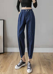 Italian Spring Casual Pants Stylish Denim Blue Photography Elastic Waist Patchwork Women Pants