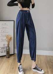 Italian Spring Casual Pants Stylish Denim Blue Photography Elastic Waist Patchwork Women Pants