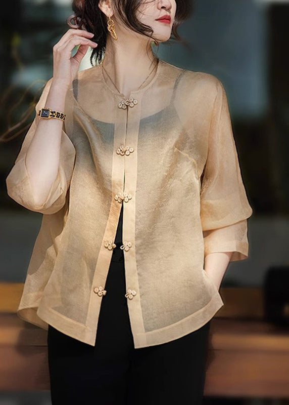 Jacquard Apricot O-Neck Patchwork Silk UPF 50+ Coats Long Sleeve