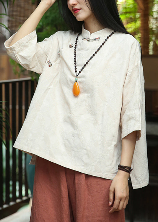 Jacquard Beige Stand Collar Button Cotton Top Fall