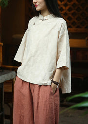 Jacquard Beige Stand Collar Button Cotton Top Fall