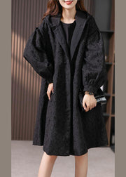 Jacquard Black Button Hooded Long Coats Jacket