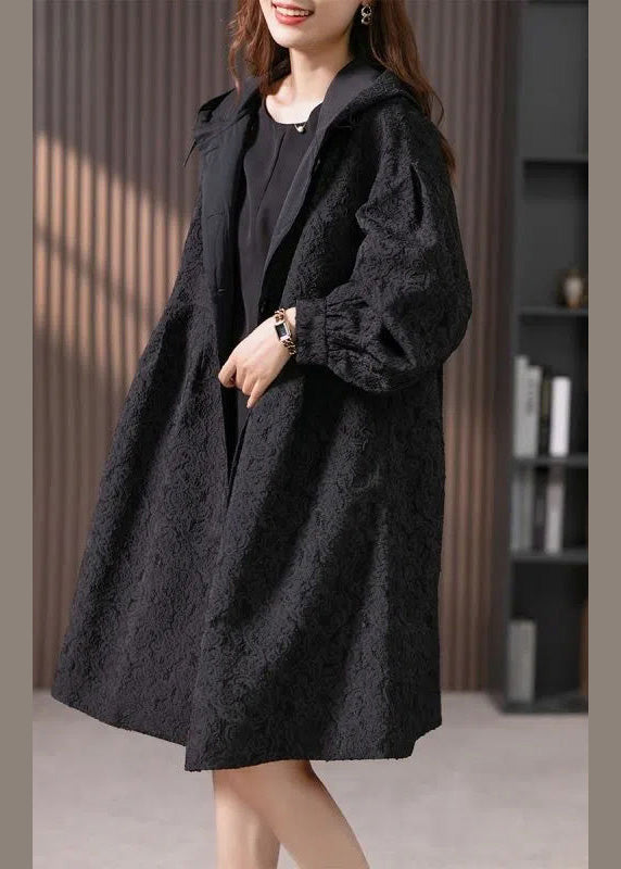 Jacquard Black Button Hooded Long Coats Jacket