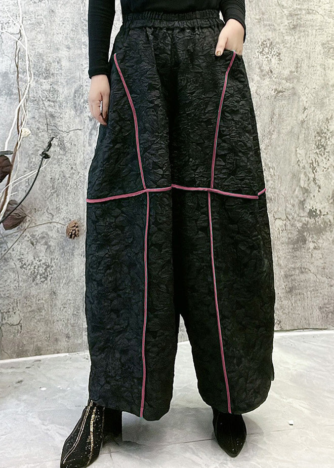 Jacquard Black Elastic Waist Silk Satin Wide Leg Pants Spring