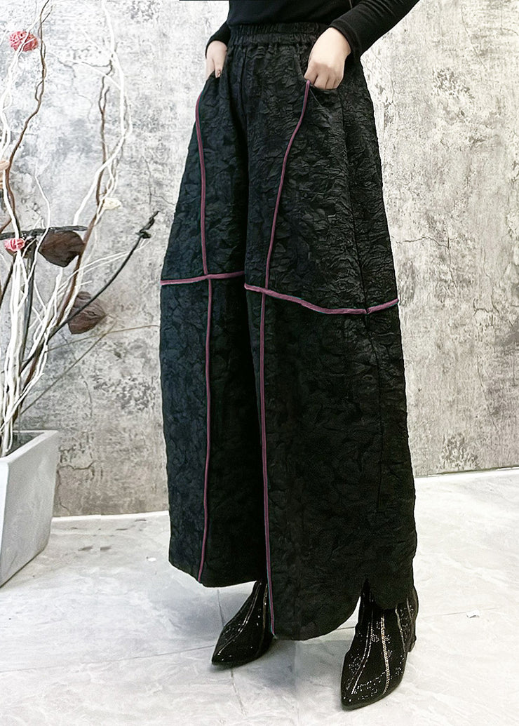 Jacquard Black Elastic Waist Silk Satin Wide Leg Pants Spring