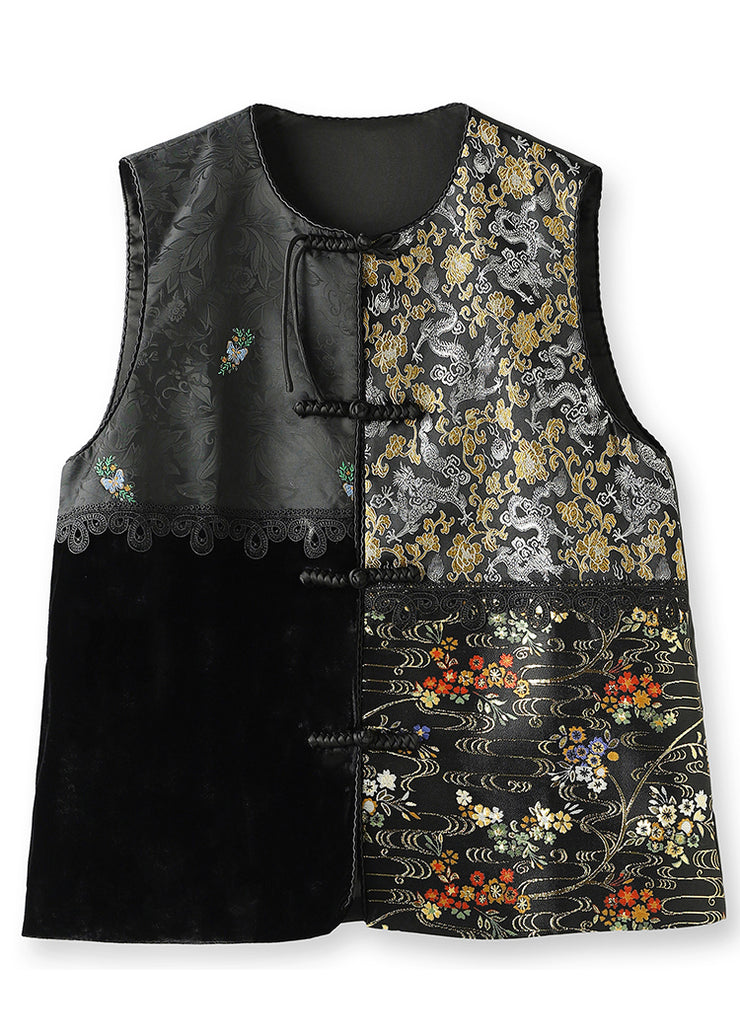 Jacquard Black Embroidered Button Patchwork Silk Velour Waistcoat Fall