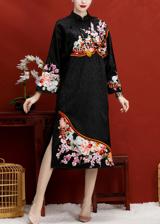Jacquard Black Embroidered Button Side Open Silk Maxi Dress Long Sleeve